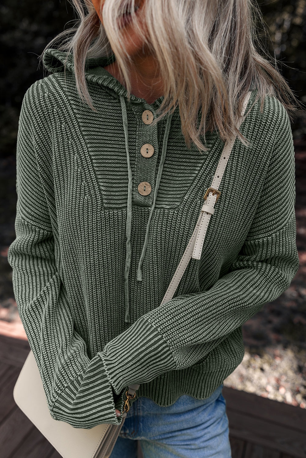 Mineral Wash Ribbed Knit Button Drawstring Neck Hooded Sweater