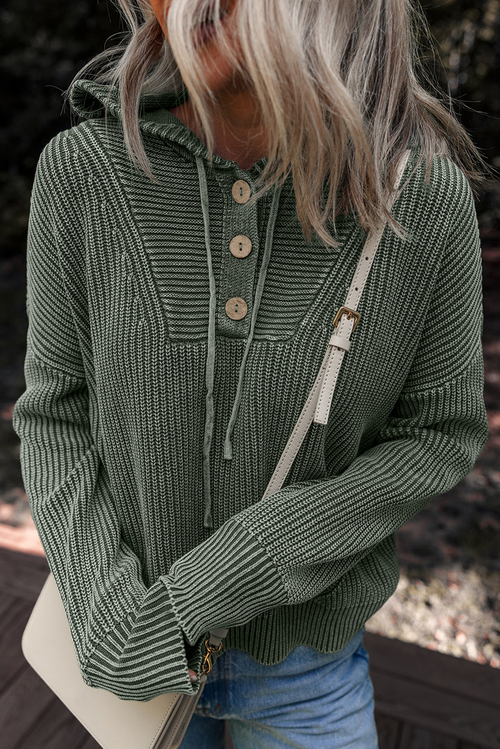 Mineral Wash Ribbed Knit Button Drawstring Neck Hooded Sweater