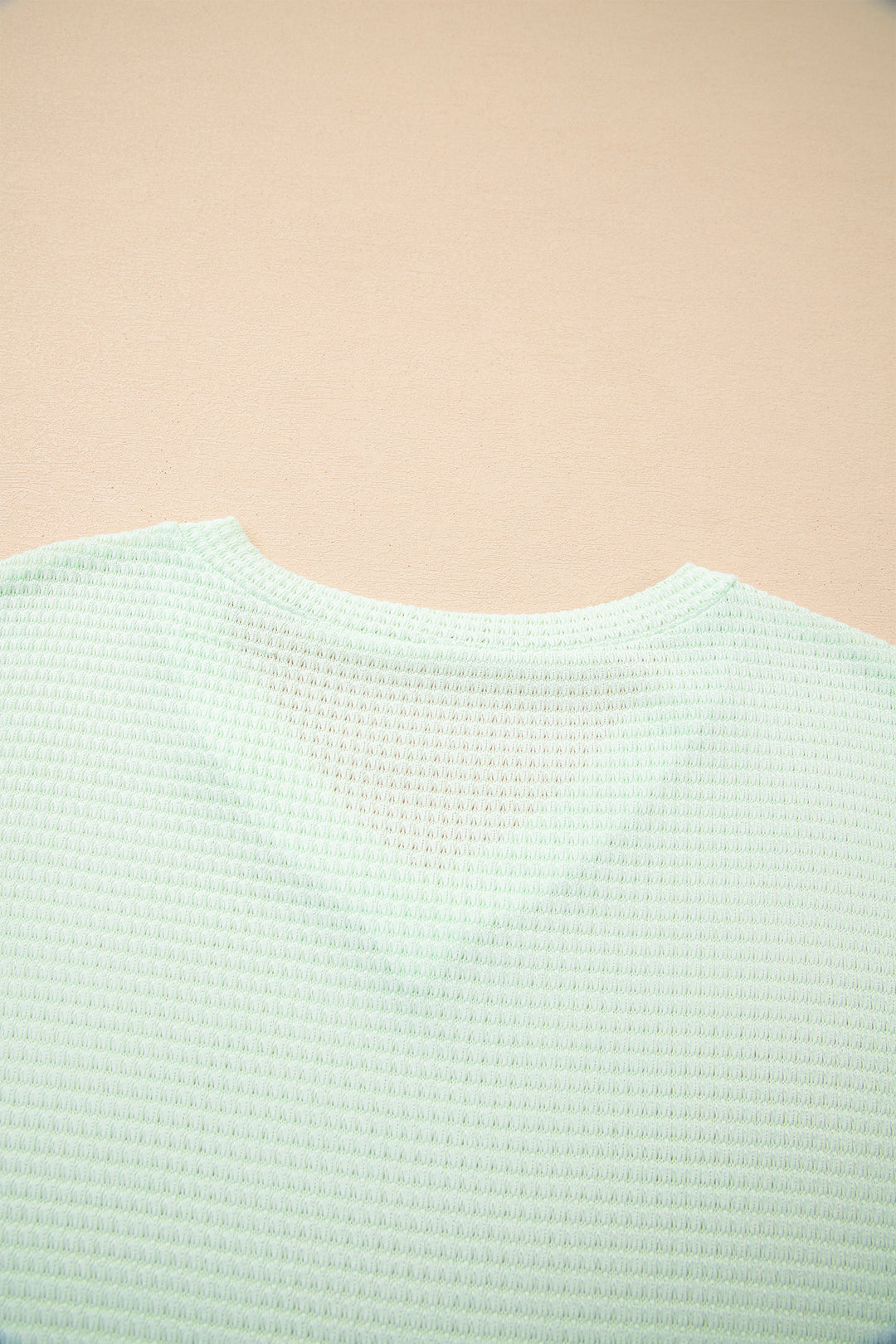 Clearly Aqua Waffle V Neck Short Sleeve Knit Top