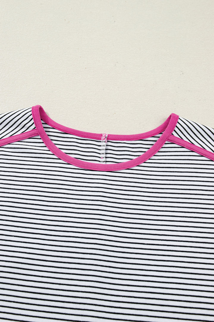 Rose Stripe Contrast Trim Round Neck Summer T Shirt