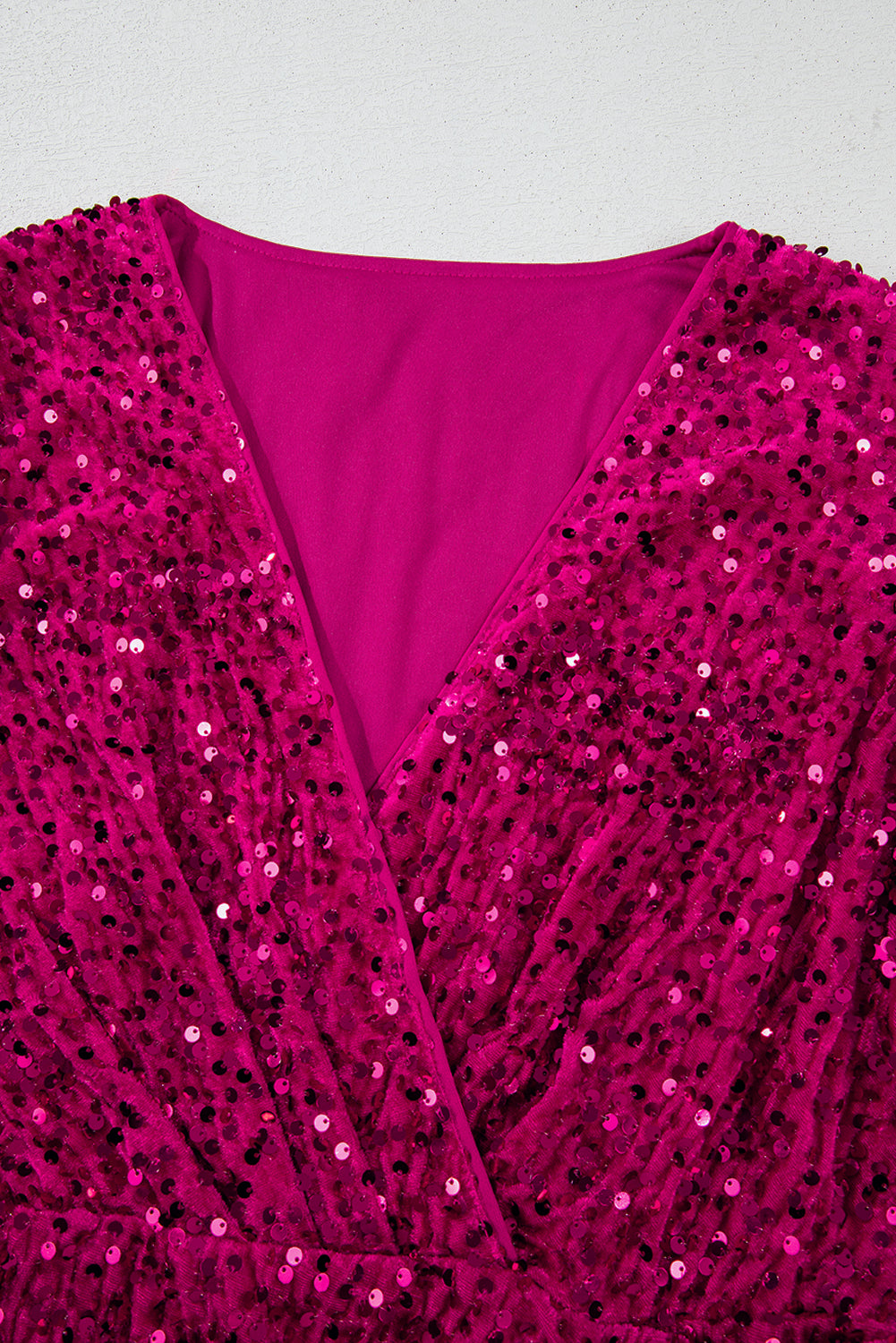Pitaya Pink Velvet Sequin Long Sleeve V Neck Wrapped Party Mini Dress