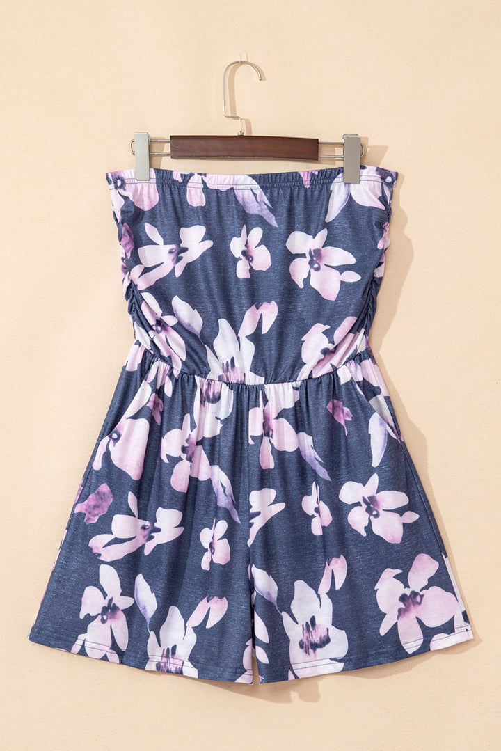 Gray Bandeau Floral Print Romper with Pockets