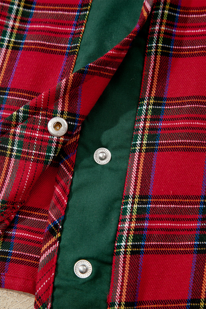 Red Plaid V Neck Ruffle Color Block Trim Short Sleeve Shirt