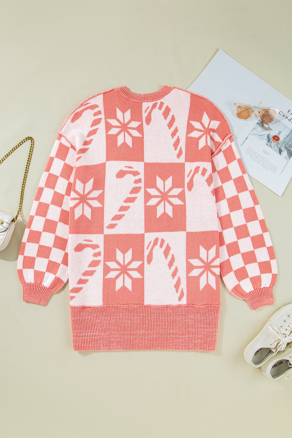 Candycane Snowflake Checker Christmas Holiday Drop Shoulder Tunic Loose Sweater