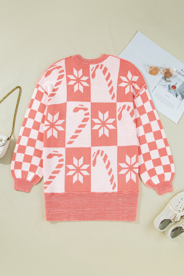 Candycane Snowflake Checker Christmas Holiday Drop Shoulder Tunic Loose Sweater