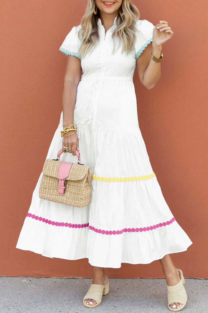 Colorblock Rickrack Trim Short Sleeve Drawstring Waist Long Dress