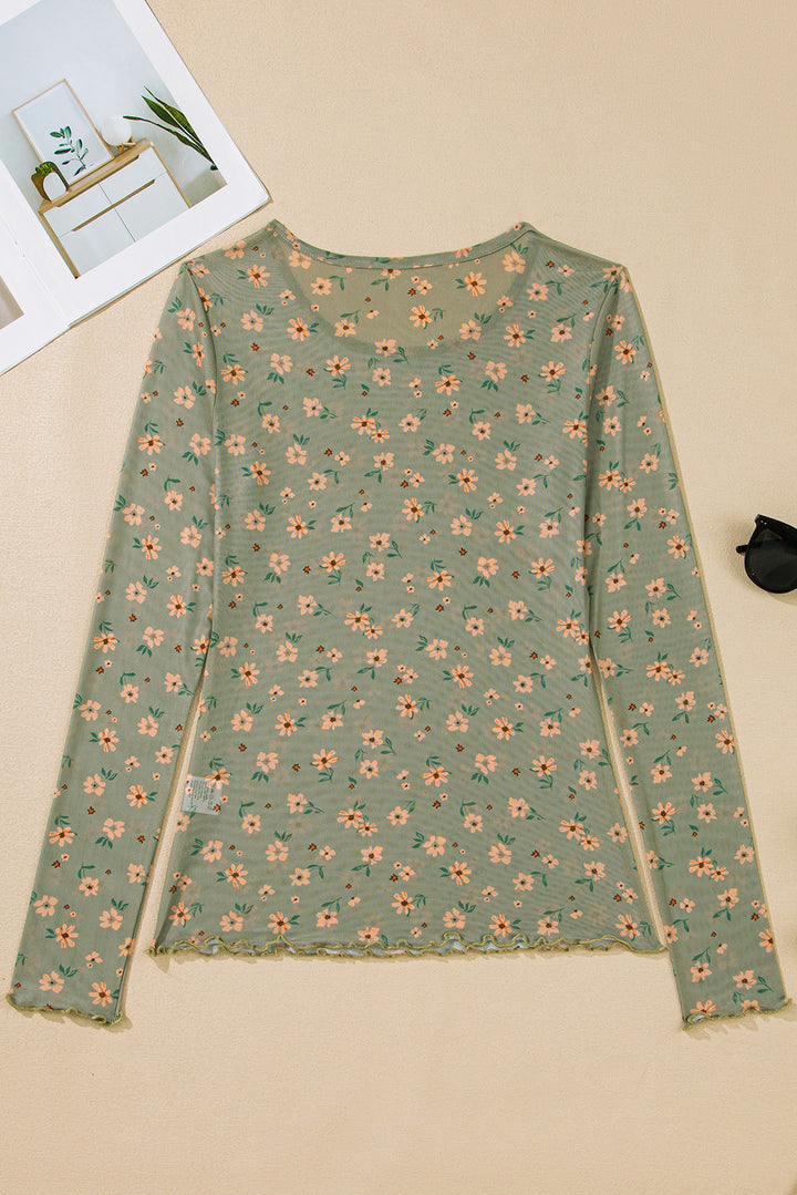 Vintage Floral Print Southern Style Mesh Long Sleeve Top