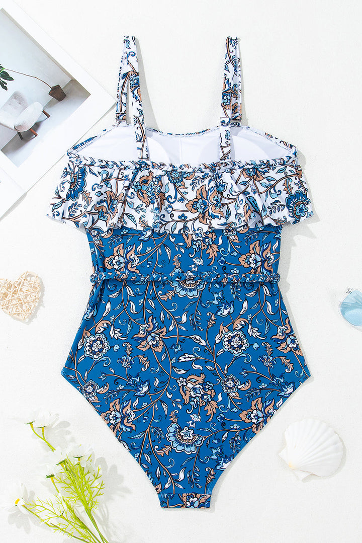 floral printed ruffle removable strap one piece swimsuit