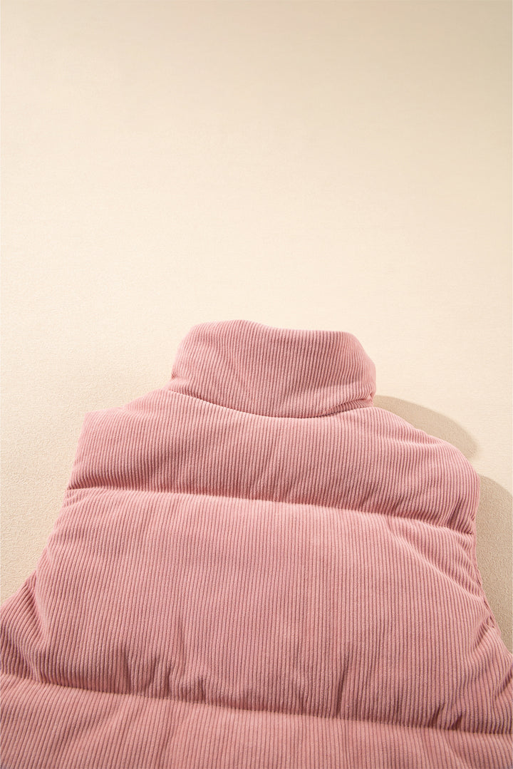 Apricot Pink Corduroy Stand Neck Zipped Puffer Vest