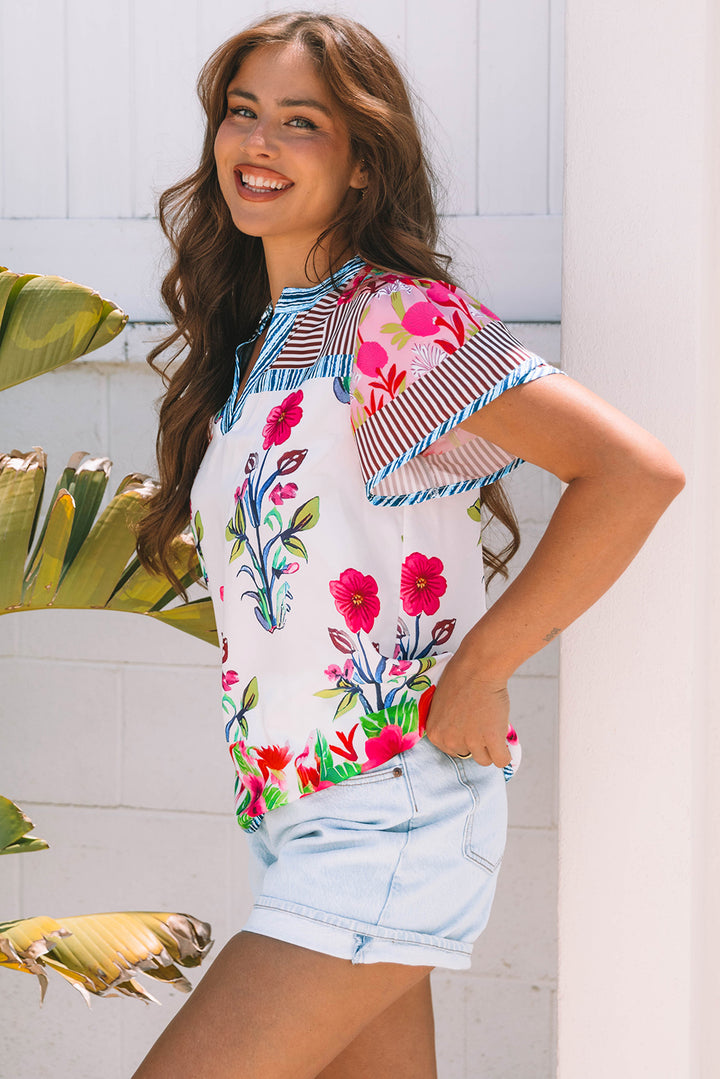 Floral Striped Patchwork Short Sleeve Split Neck Blouse