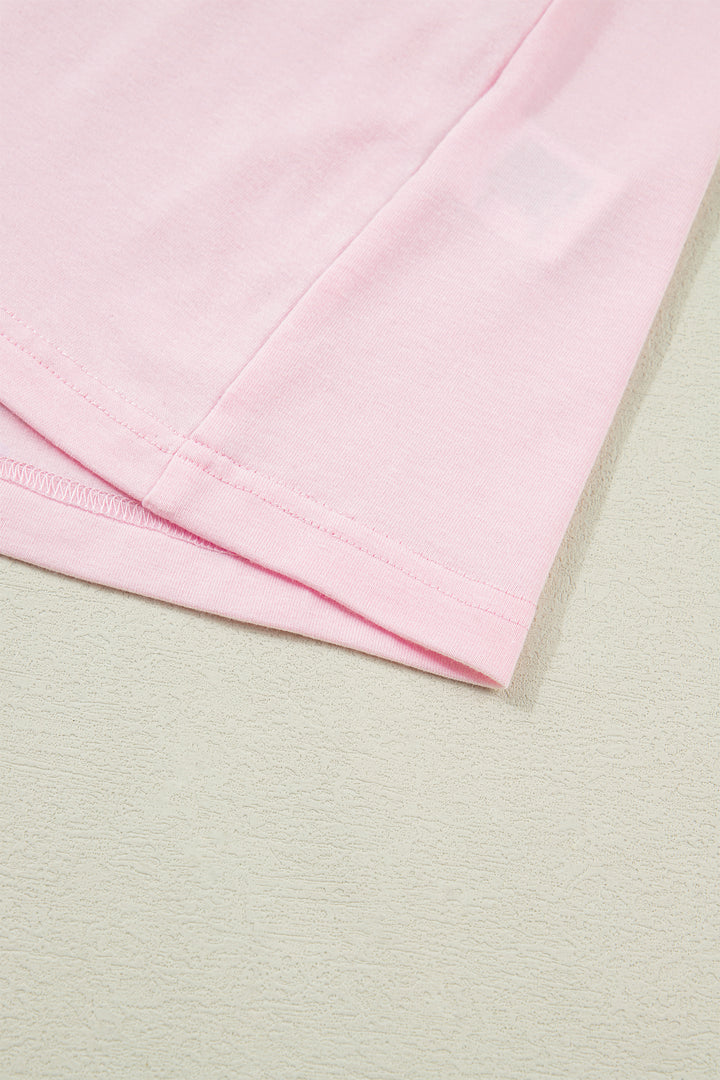 Light Pink Three Sweet Hearts Printed Sequin Trim Contrast Sleeve Patchwork Tee