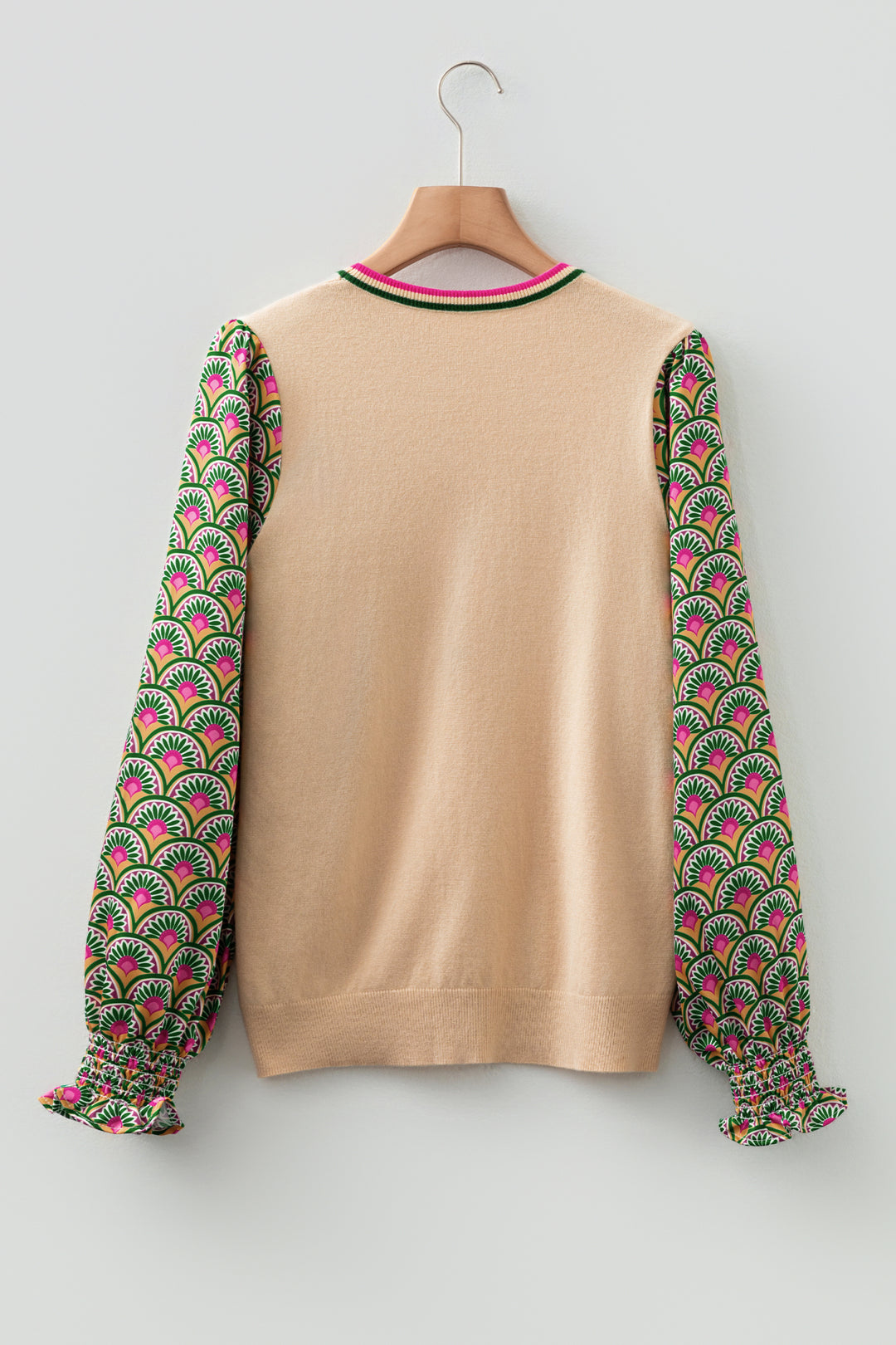Floral Patchwork Shirred Cuff Puff Sleeve Sweater