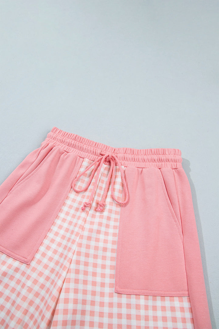 Pink Color Block Plaid Patchwork Long Sleeve Pullover Wide Leg Pant Set