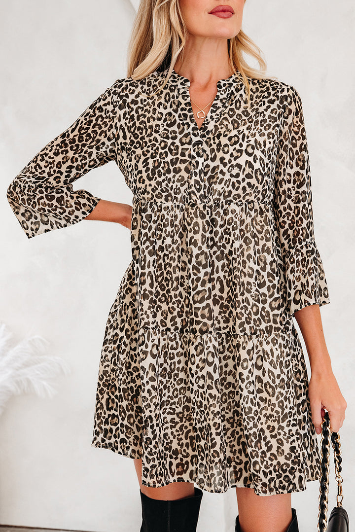 Leopard 3/4 Sleeve V Neck Swing Dress