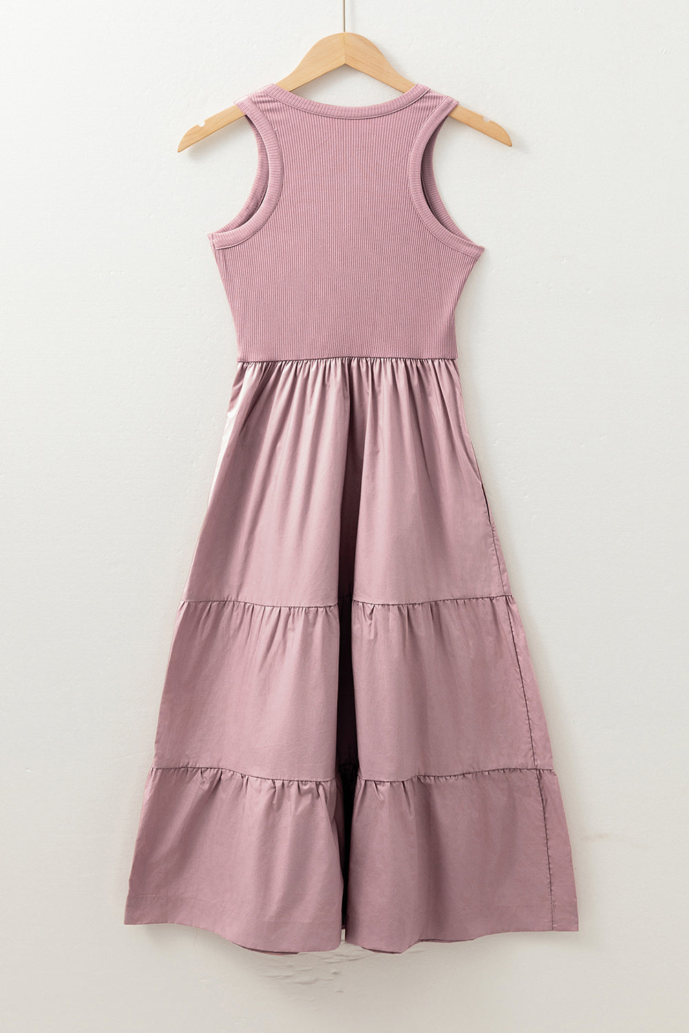 Ribbed Vest Patchwork Tiered Midi Dress with Pockets