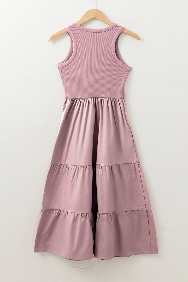 Ribbed Vest Patchwork Tiered Midi Dress with Pockets