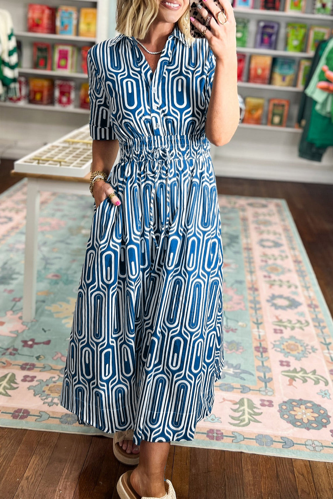 Blue Geometric Print Short Sleeve Shirt Collar Dress