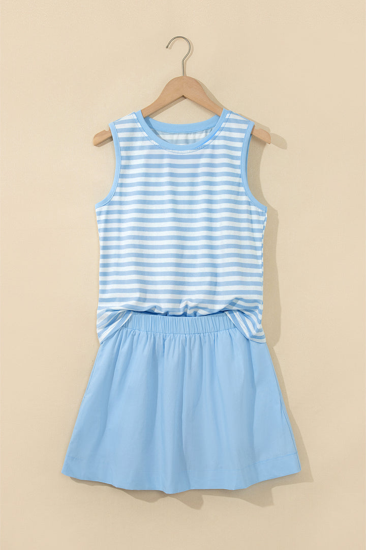 Cute Sky Blue Stripe Slim Tank Contrast Ruffle Mini Skort Set