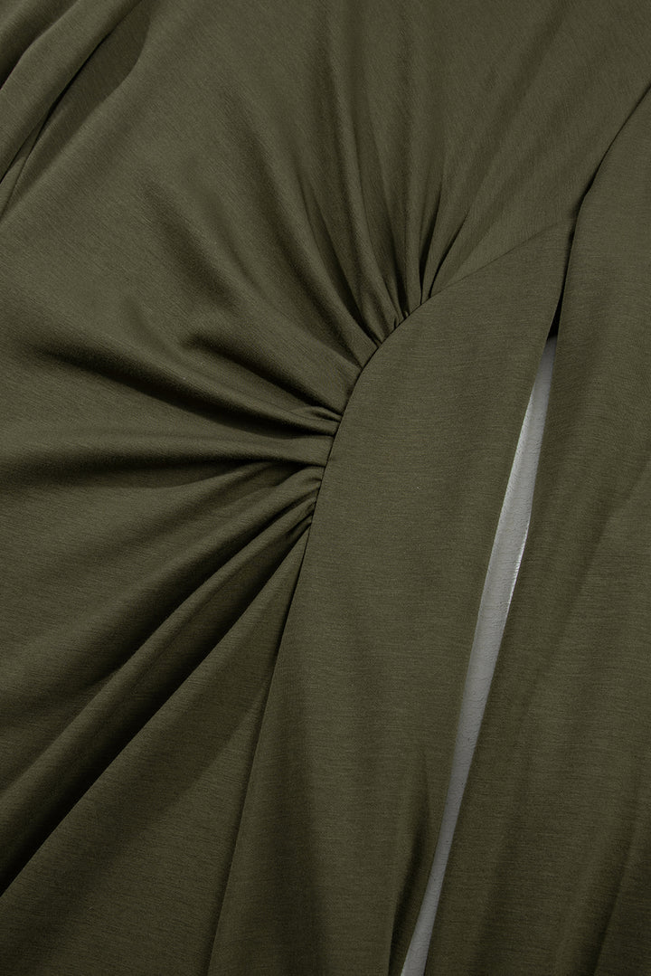 Jungle Green Solid Color Ruched Detail Long Sleeve Midi Dress