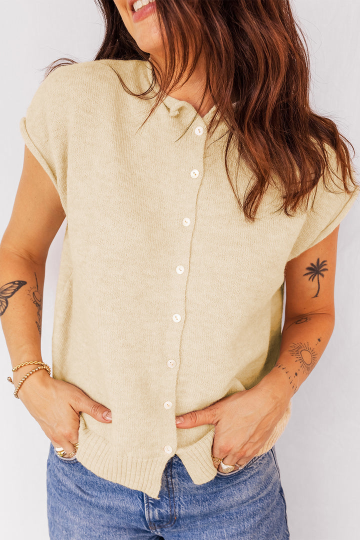Buttoned Front Rolled Hem Cap Sleeve Sweater Top
