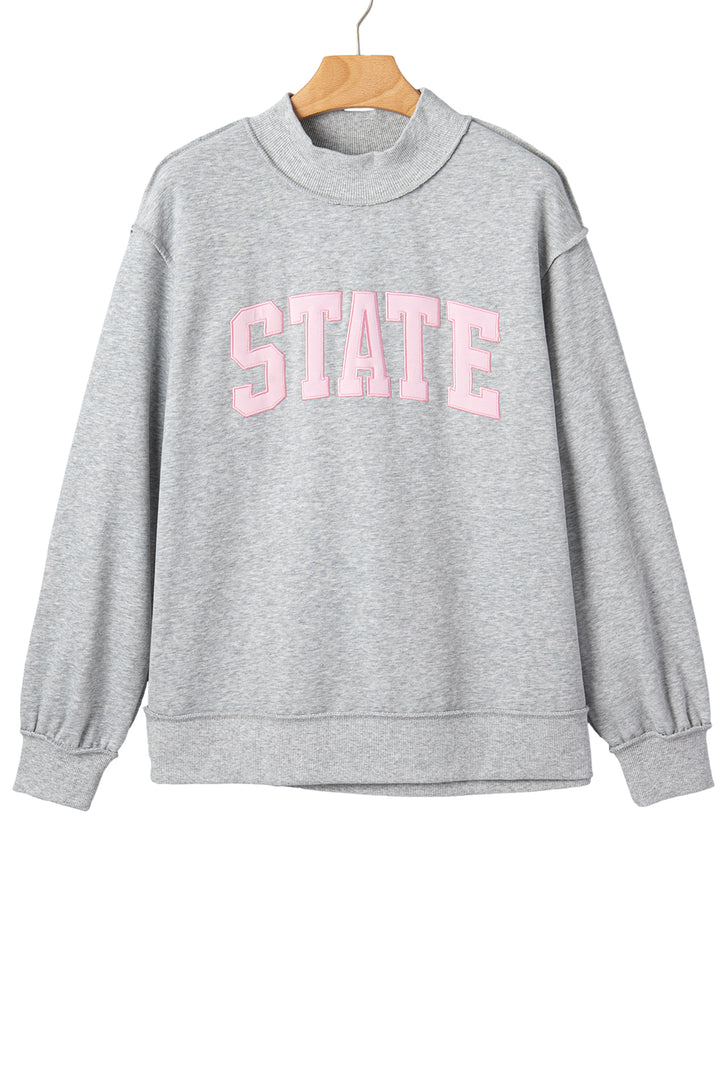 Light Grey  Mock Neck Letter Embroidered Loose Sweatshirt