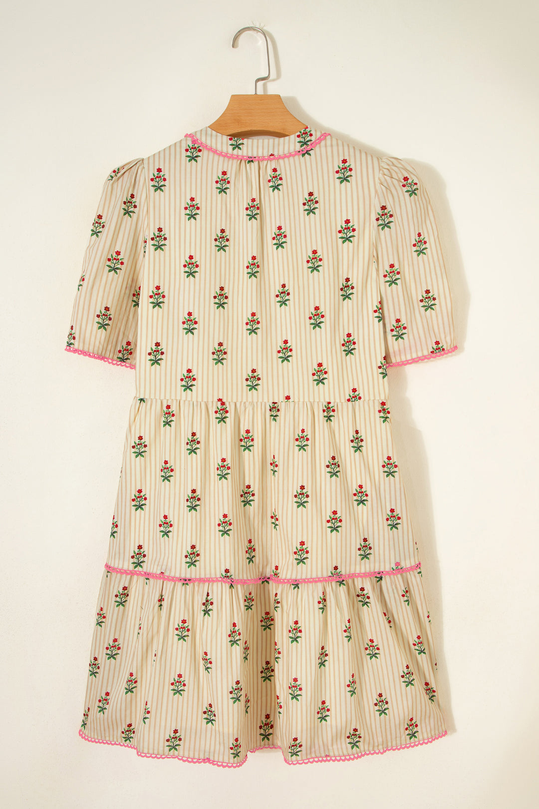 Apricot Striped Floral Print Contrast Detail Ruffle Hem Short Dress