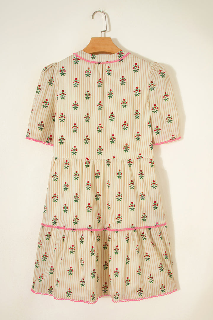 Apricot Striped Floral Print Contrast Detail Ruffle Hem Short Dress