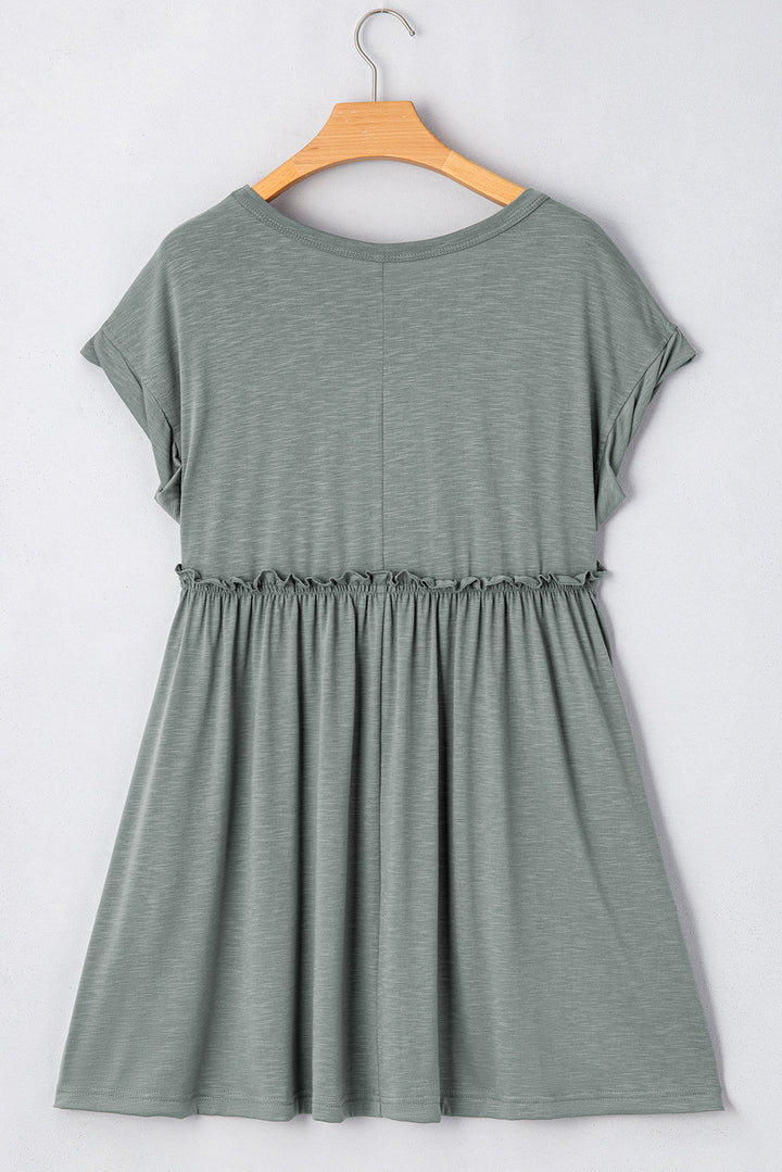 Frilled Gathered Seam Round Neck T Shirt Dress