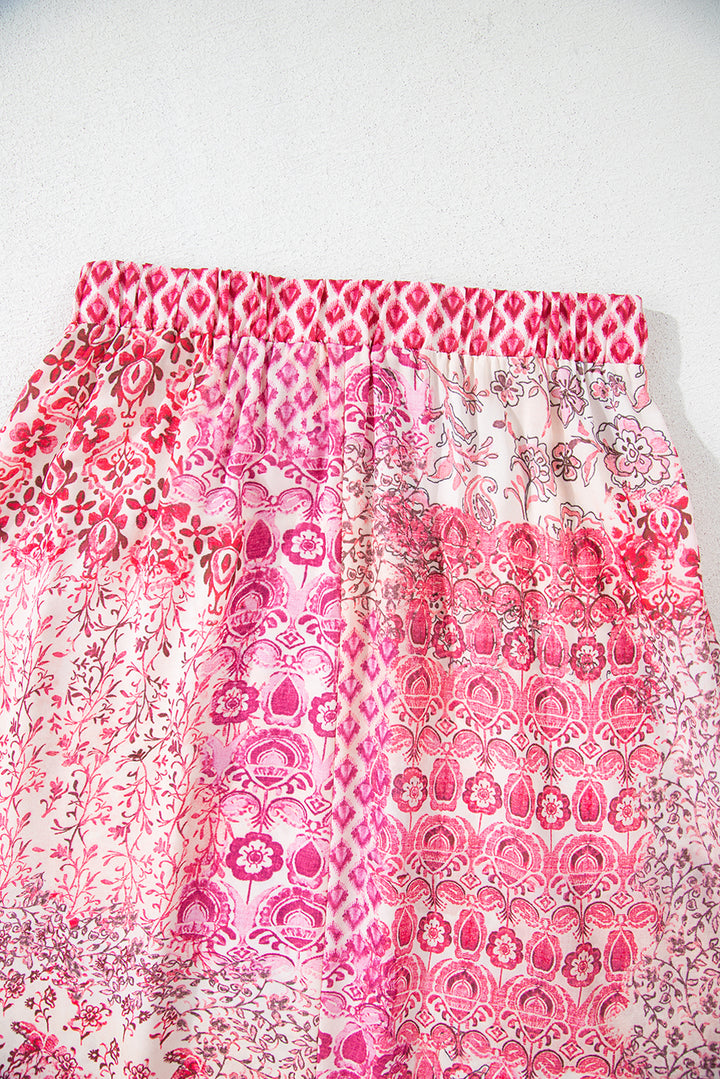 Red Boho Pattern Print Tassel Drawstring Elastic Waistband Maxi Skirt