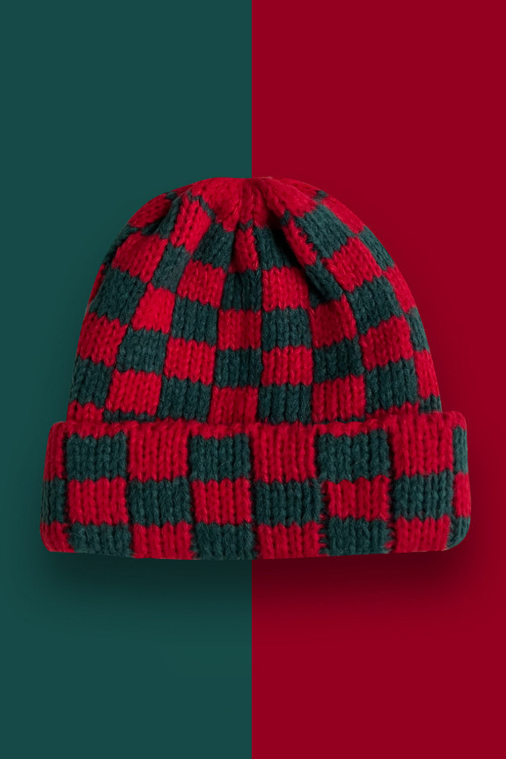 Zweifarbige, karierte, gefaltete, randlose Beanie-Mütze