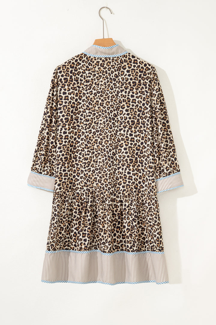 Khaki Plus Size Leopard Print Striped Trim V Neck Drop Waist Long Sleeve Mini Dress