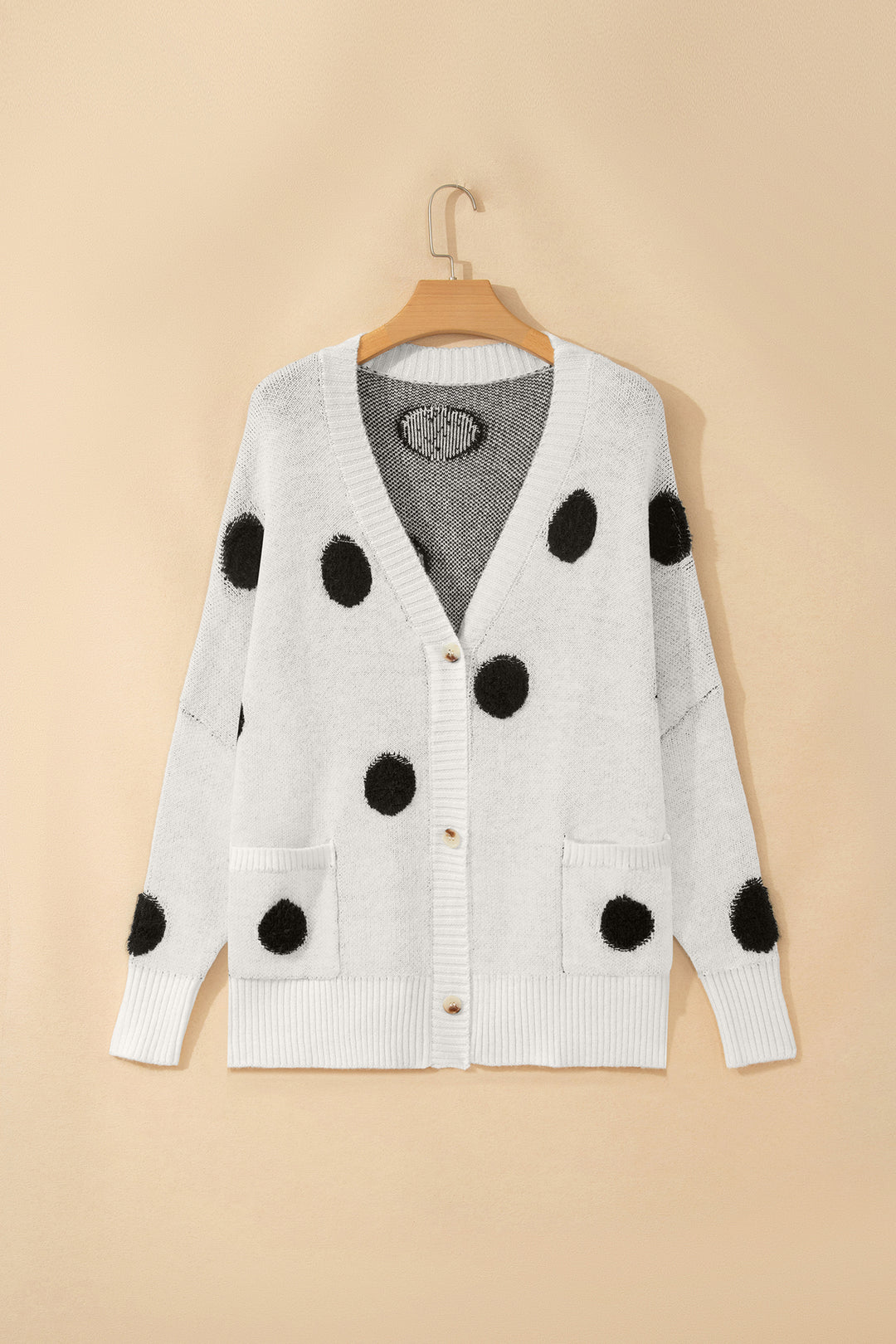 Beige Polka Dot Button Front Oversized V Neck Cardigan