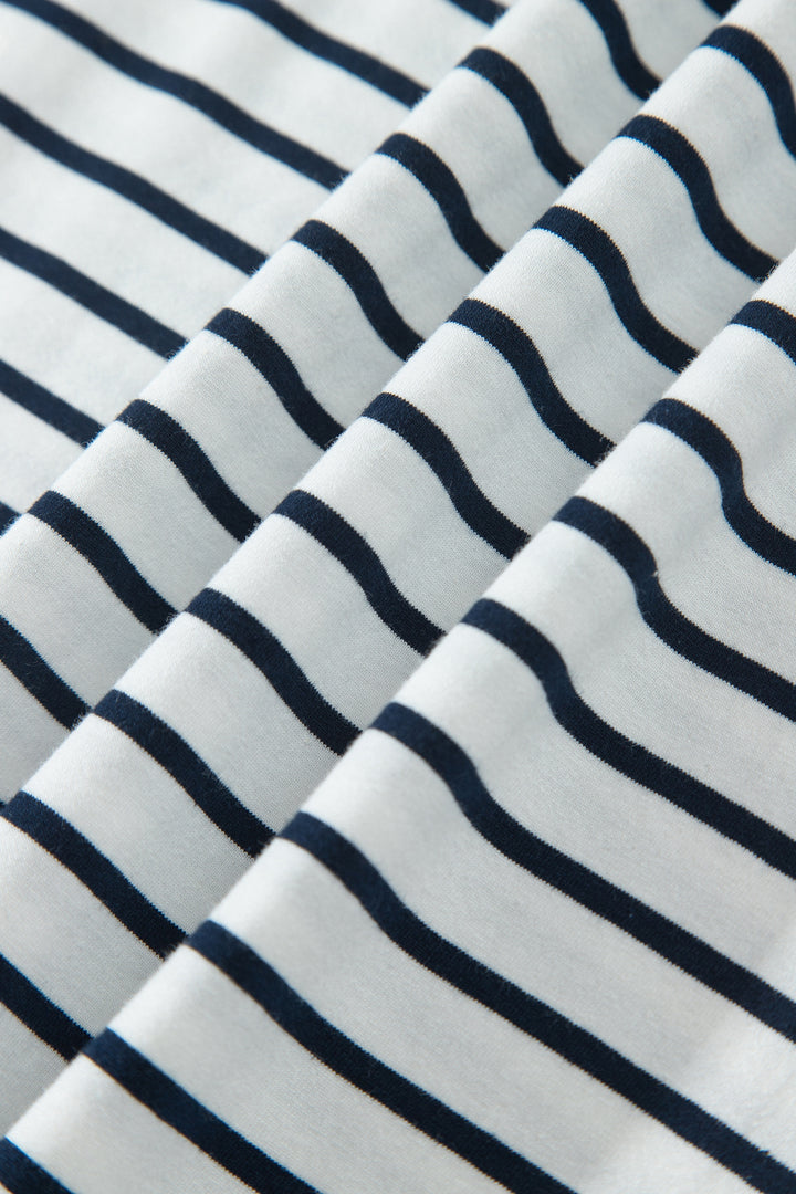 Blue Stripe V Neck Ruffle Contrast Sleeve Top Drawstring Pants 2pcs Set