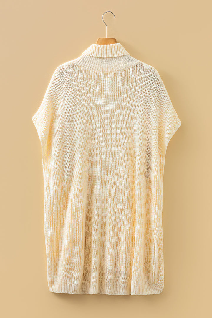Jet Stream Plain Knit Casual Turtleneck Short Sleeve Tunic Sweater with Pockets