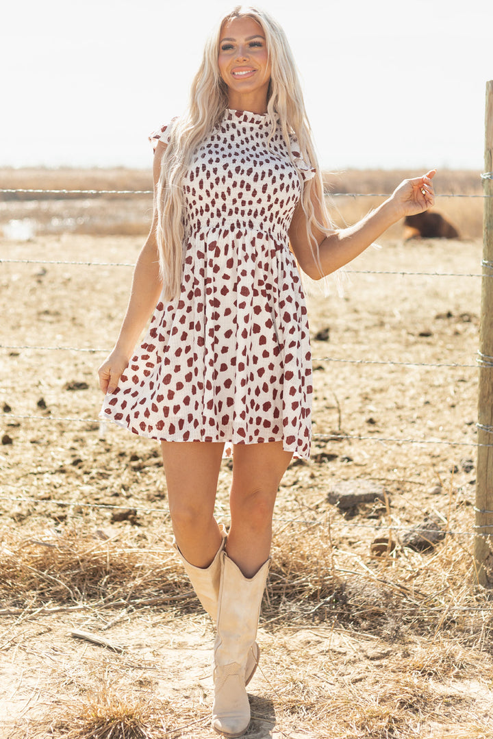 Abstract Printed Flutter Sleeve Smocked Bodice Short Dress