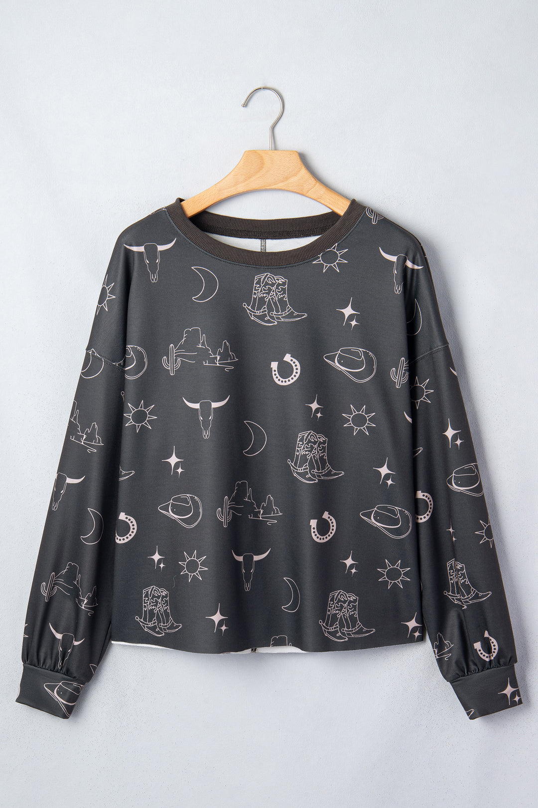 Gray Western Print Crew Neck Sweatshirt