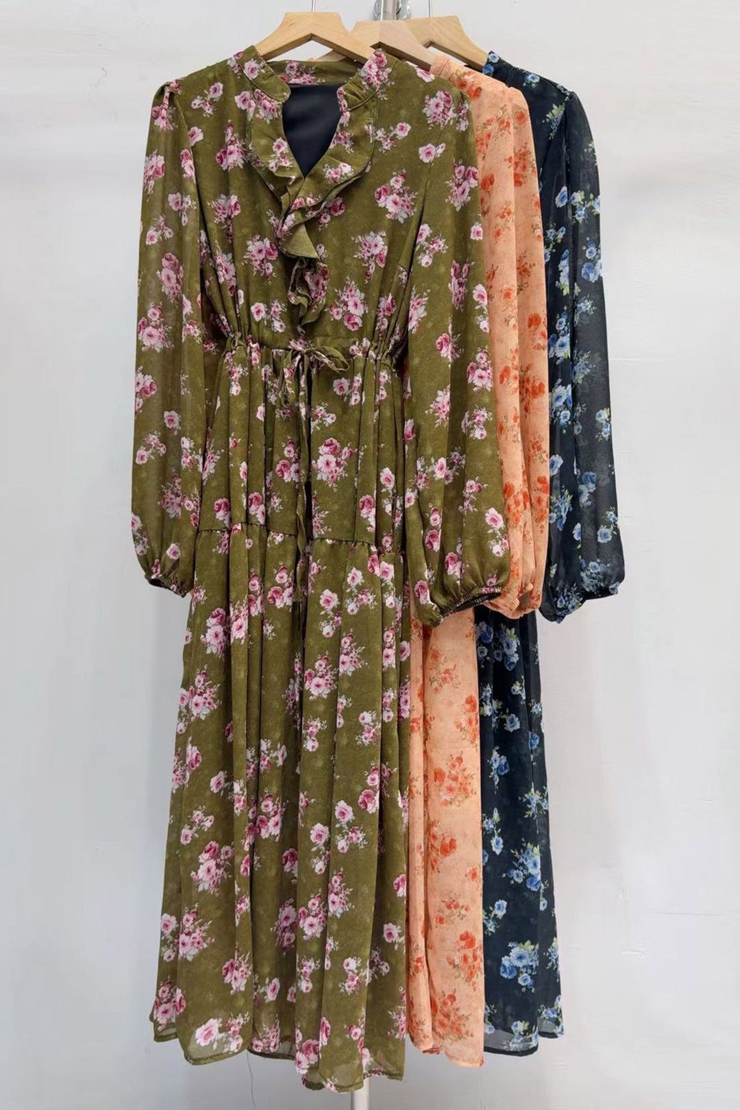 Orange Floral Print Sheer Long Sleeve Ruffle Neck Drawstring Flowy Maxi Dress