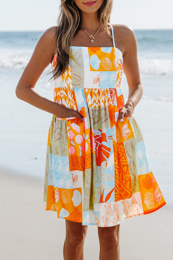 Seashell Patchwork Print Self-tie Flowy Sundress