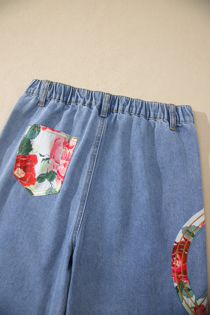Myosotis Floral Peace Sign Embroidered Patch Wide Leg Jeans