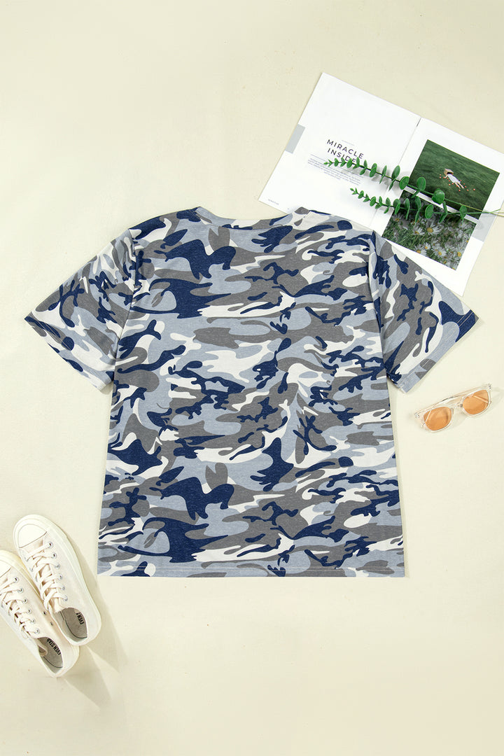 Green Plus Size Camo Print Crew Neck Short Sleeve Tee