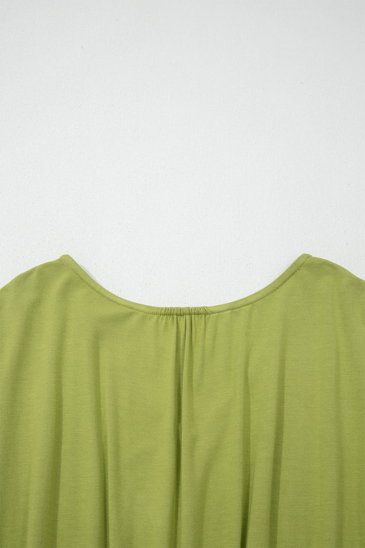 Solid V Neck Cap Sleeve Tunic Elastic Waist Versatile Maxi Dress