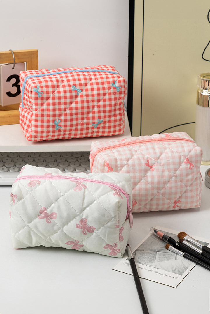 Sweet Bow Knot Print Quilted Zipper Cosmetic Bag
