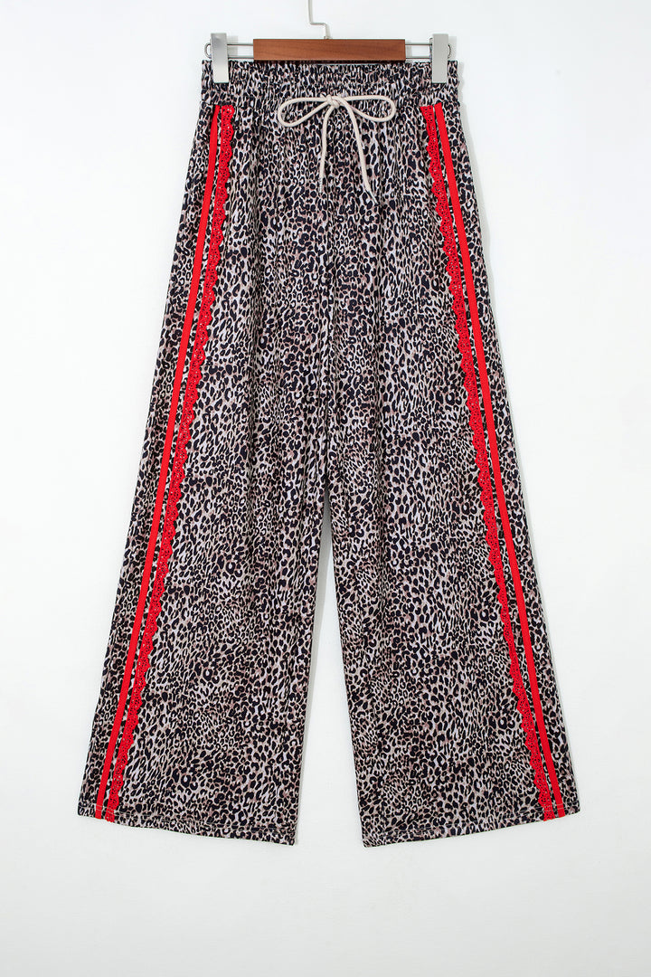 Brown Wild Leopard Print Contrast Lace Striped Detail Drawstring Pants
