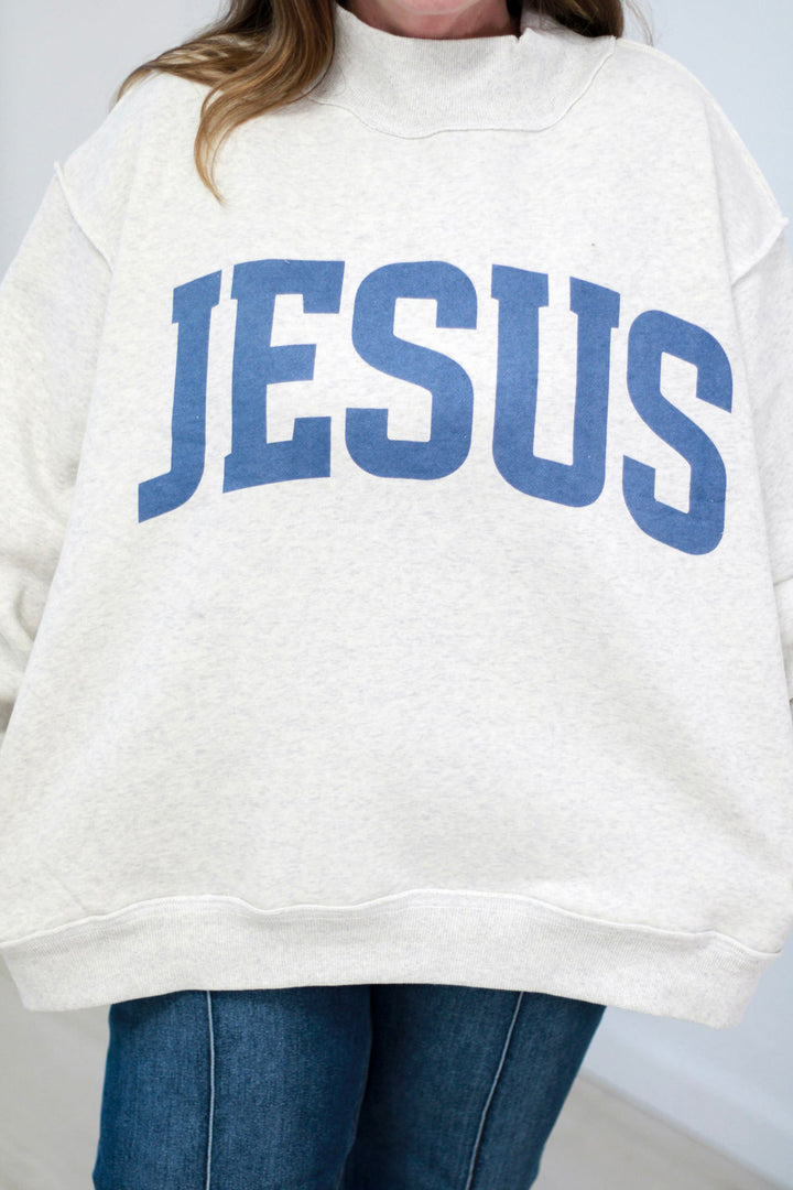 Light Grey Jesus Slogan Stand Neck Long Sleeve Oversized Tunic Plus Size Sweatshirt