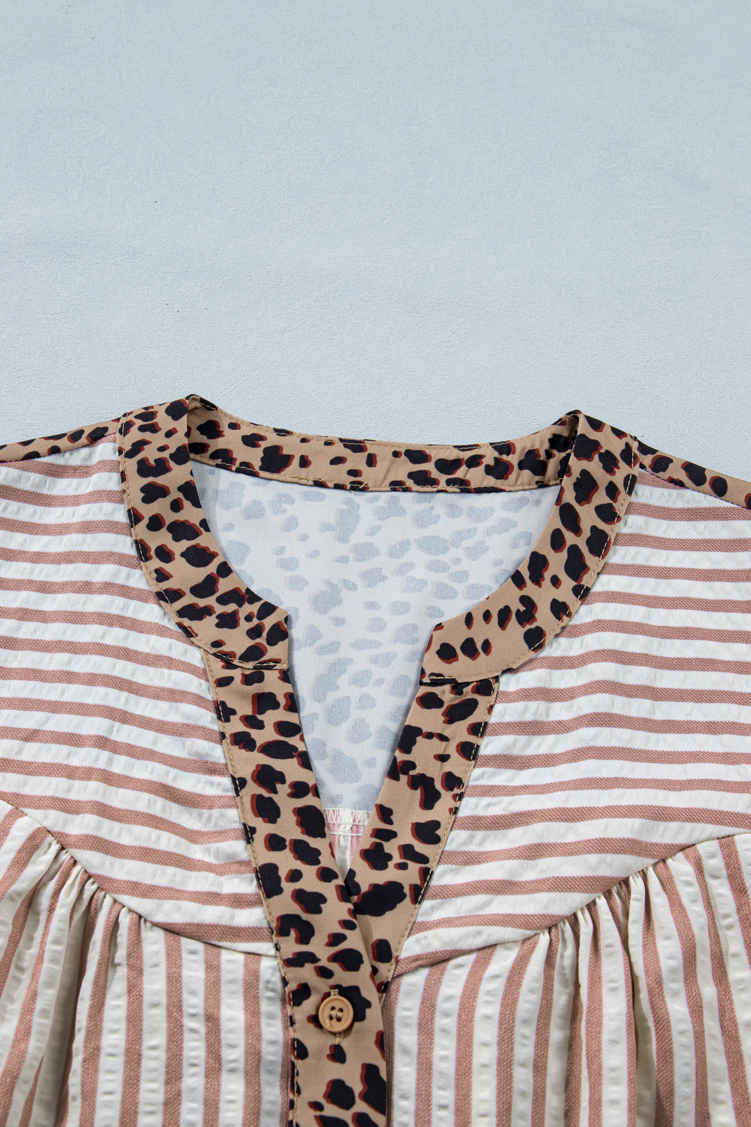 Pink Stripe Leopard Trim V Neck Button Down Half Sleeve Shirt