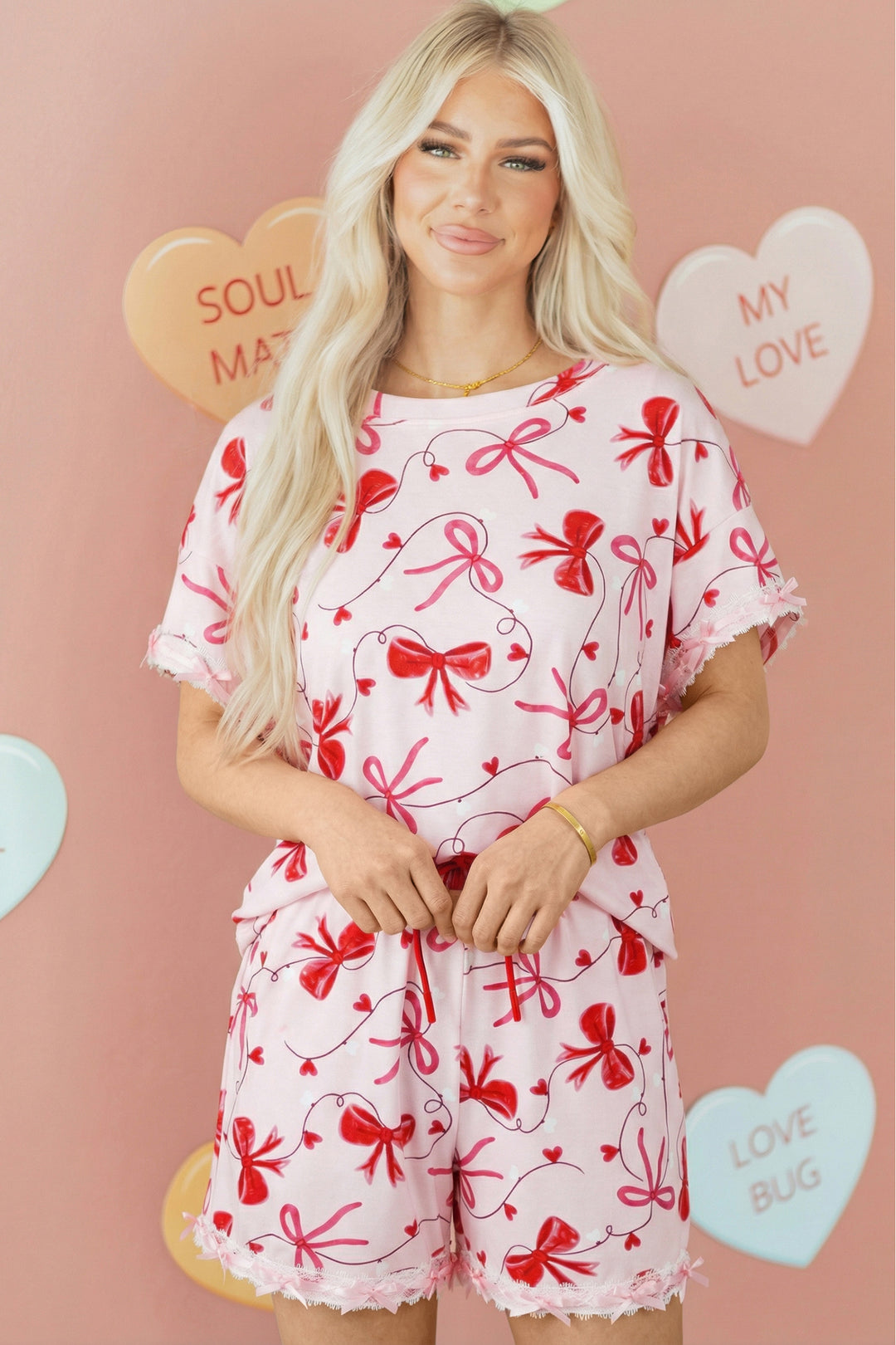 Red Romantic Bow Print Loose Tee Drawstring Shorts 2pcs Lounge Set