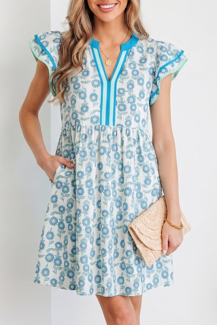 Sky Blue Floral Print Contrast Trim Flutter Sleeve Mini Dress