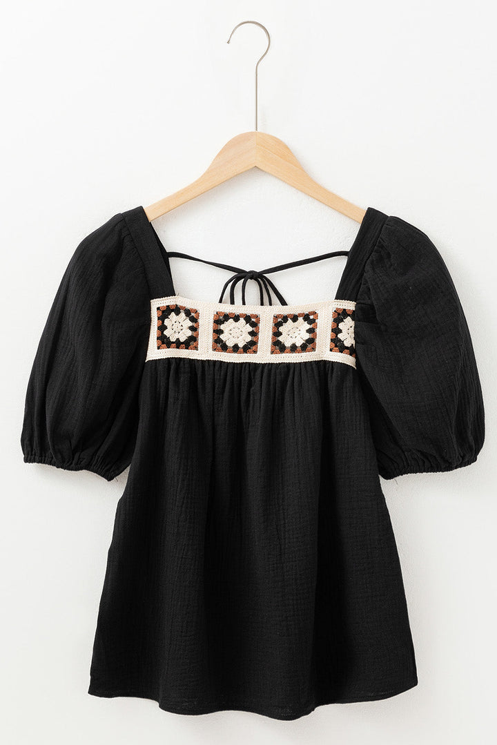 Flower Crochet Square Neck Textured Short Sleeve Blouse