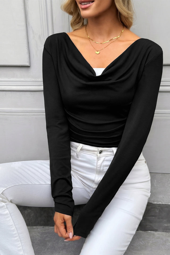 Black Color Block Drape V Neck Pleated Long Sleeve Top