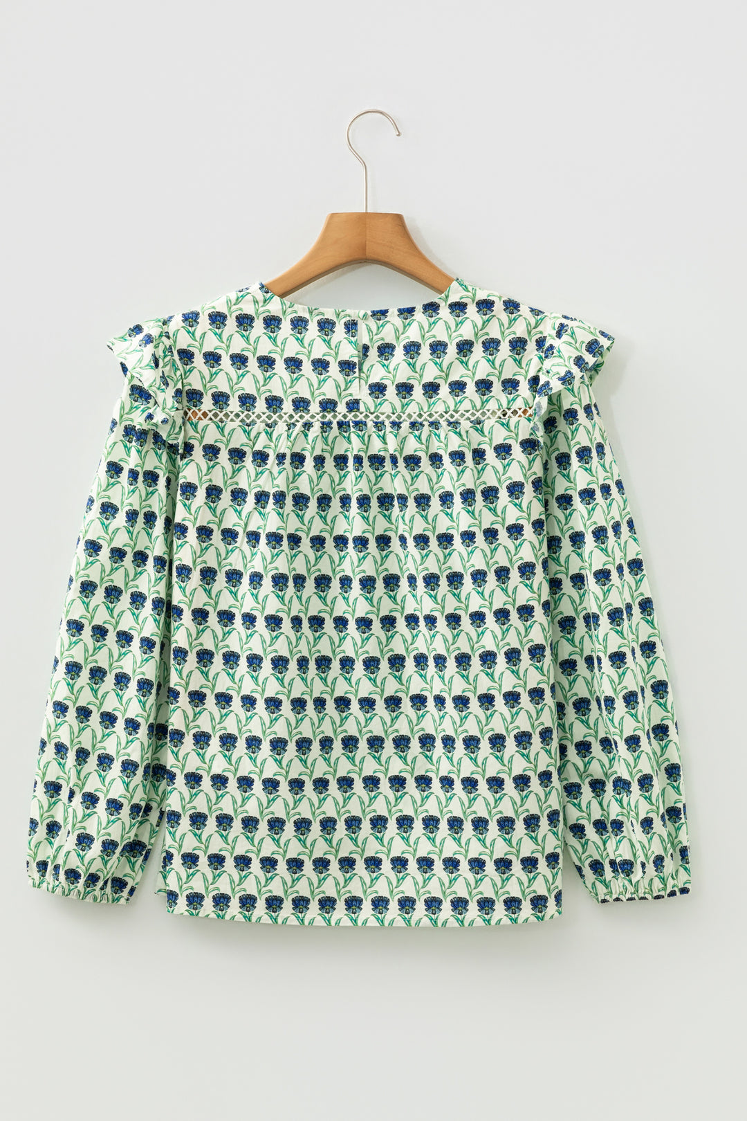 Floral Print Lace Detail Ruffle Trim Long Sleeve Blouse